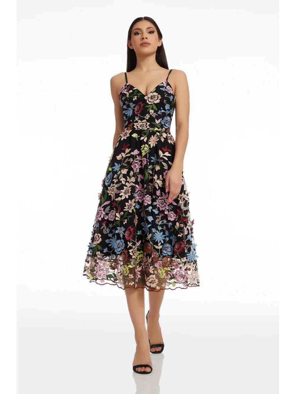 Dress the Population Black Floral Embroidered Midi Dress